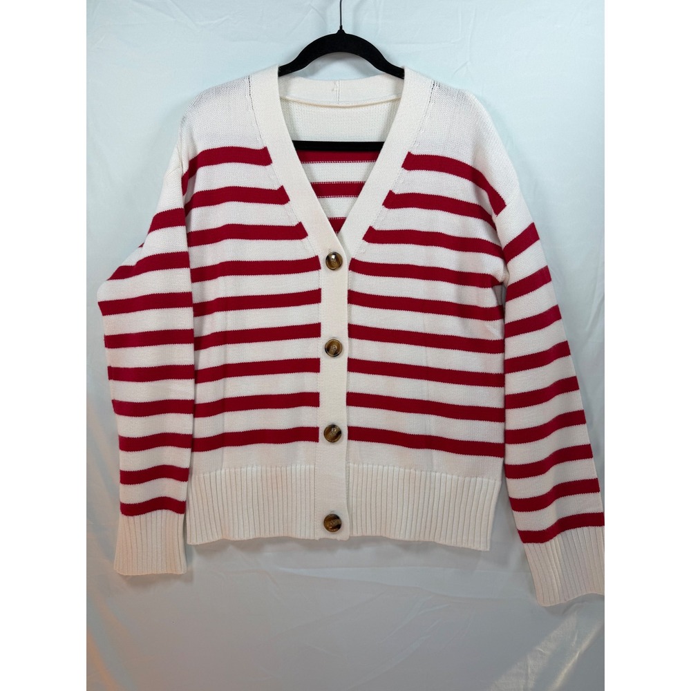 Red White Striped V-Neck Button Front Cardigan Sweater Women Size M cozy‎ love